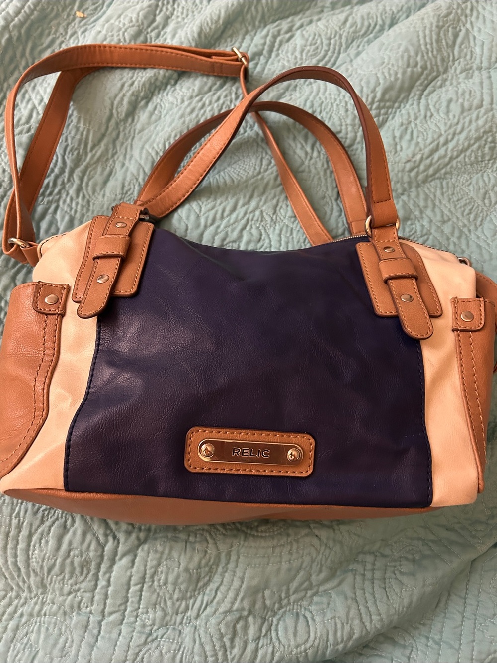 Relic colorblock satchel purse navy blue cognac tan preppy academia shoulder